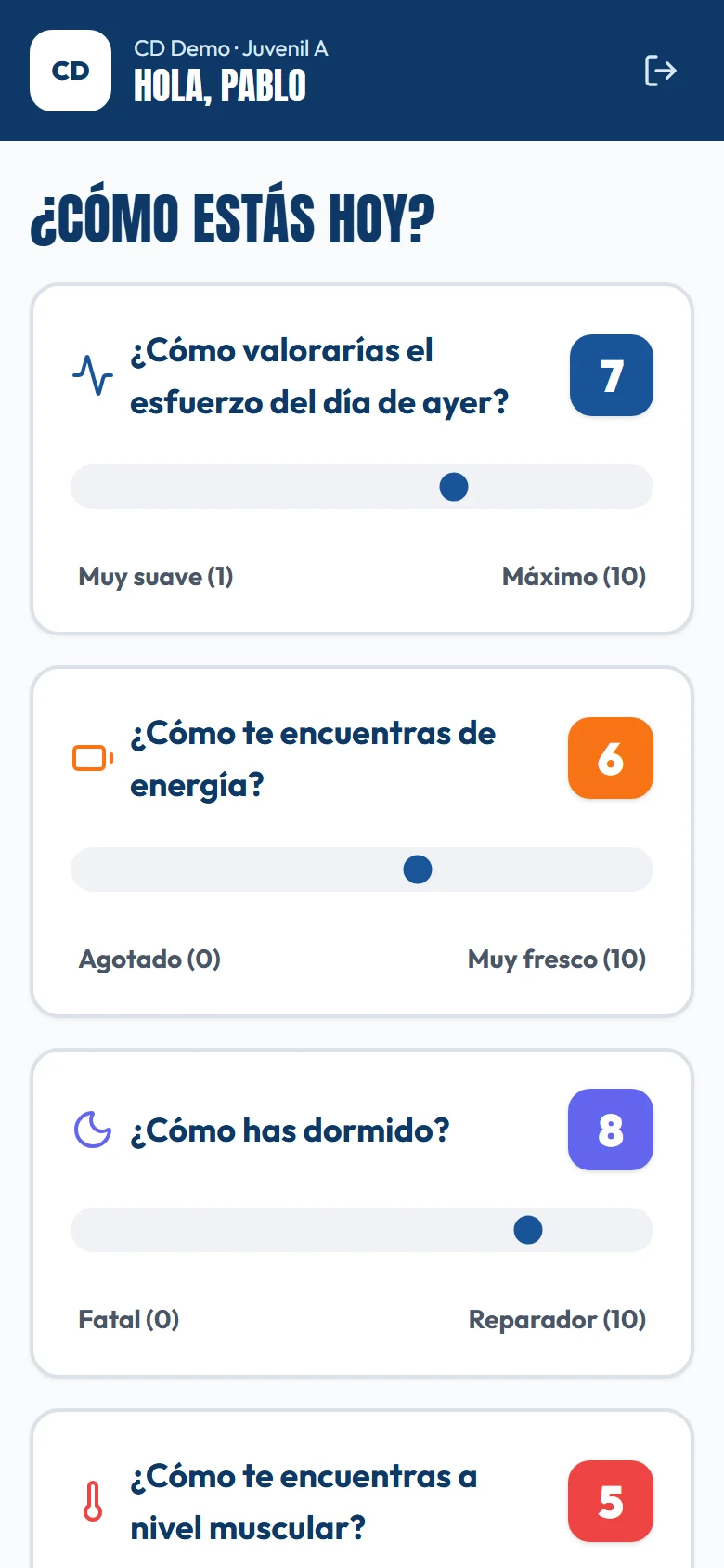Formulario diario de la app del jugador
